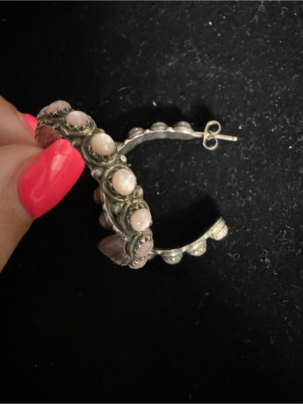 Native signed sterling silver pink conch hoop earrings